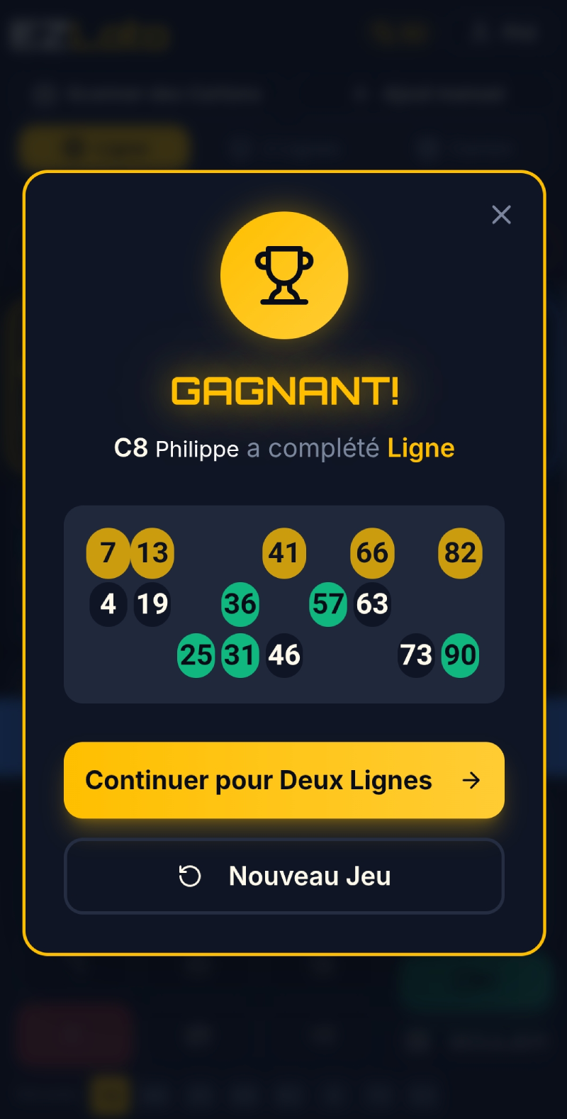 Carton gagnant affiché