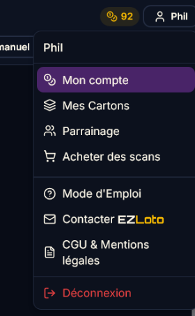 Menu compte EZLoto